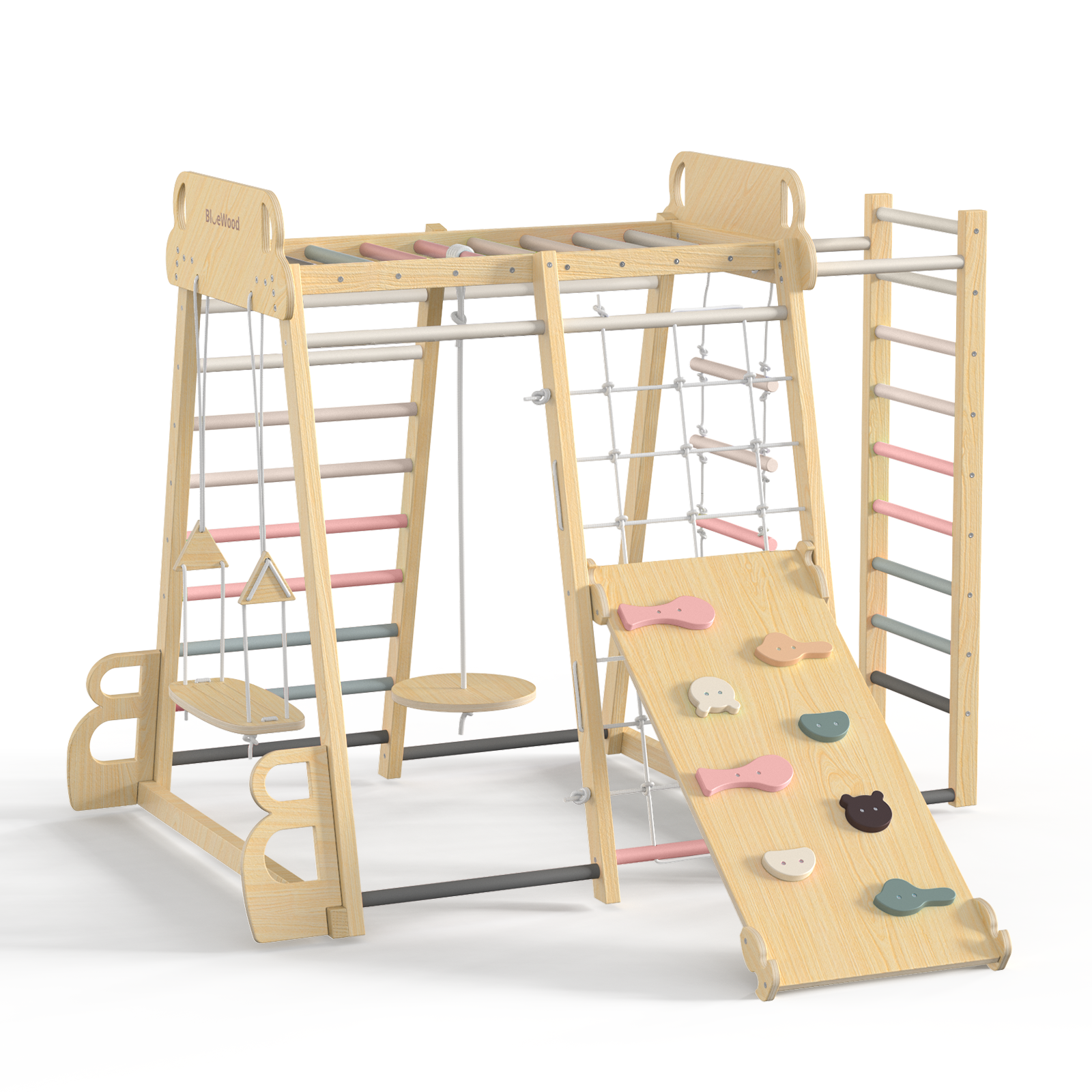 Safari Land - Juegos de columpios para gimnasios de jungla de interior BlueWood® *Tono de madera natural
